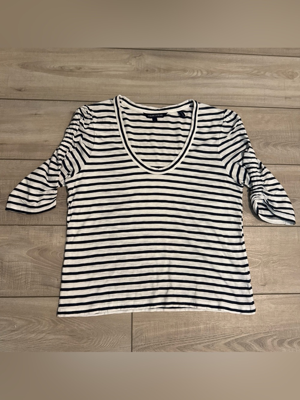 Veronica Beard Netto Striped Cotton T-Shirt Off White Marine Stripe Womens L - Picture 7 of 13